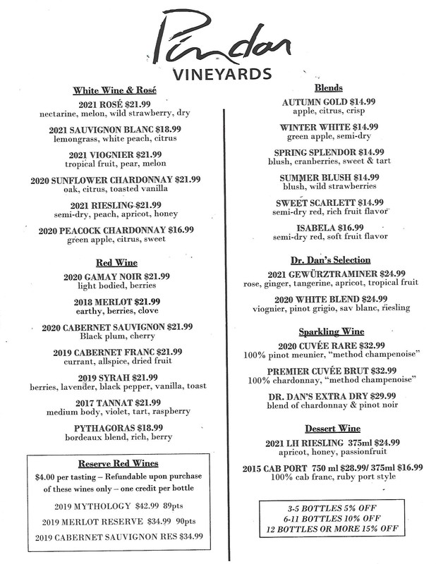 Pindar Vineyards Wine Menu